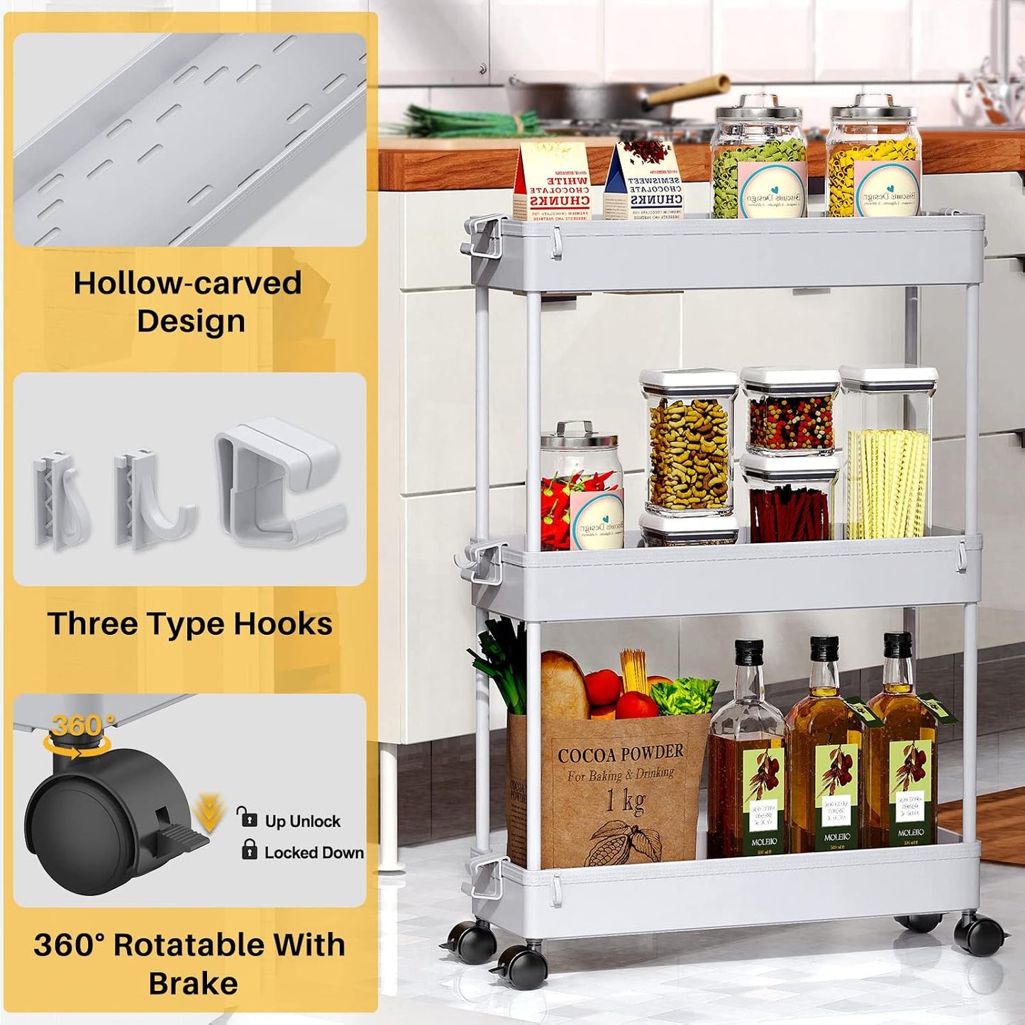 SPACEKEEPER Slim Rolling Storage Cart, 3 Tier Bathroom Storage Organizer Laundry Room Utility Cart Mobile Shelving Unit, Multi-Purpose for Kitchen Office Bathroom Laundry Narrow Places, Black