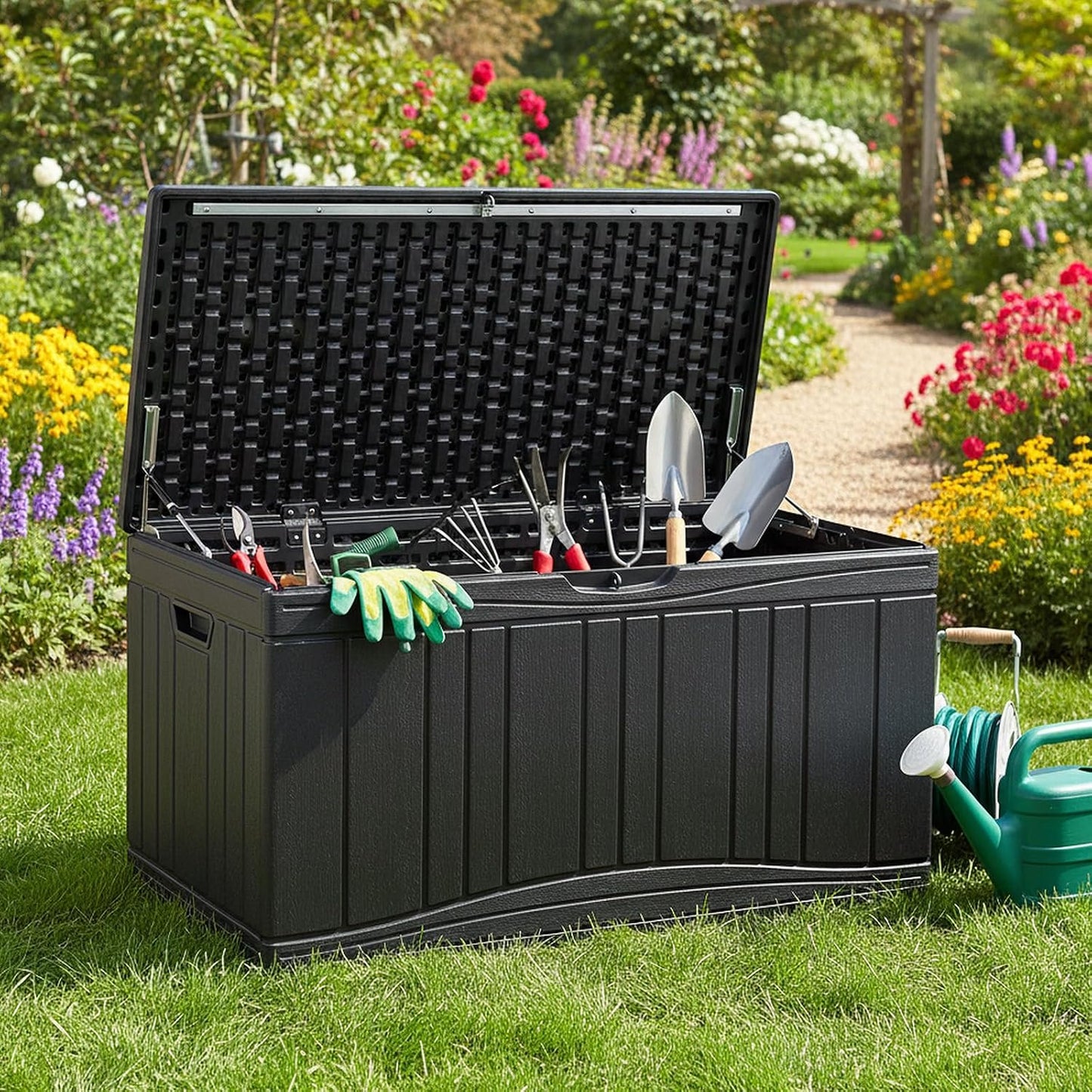Tangkula 25 Gallon Waterproof Outdoor Storage Box with Lockable Lid | PP Resin, Wicker Patterned, Indoor Outdoor Use, Portable, Versatility, for Deck, Pool, Patio Cushions, Garden Tools
