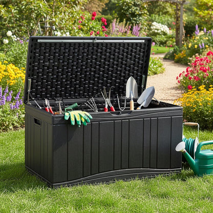 Tangkula 25 Gallon Waterproof Outdoor Storage Box with Lockable Lid | PP Resin, Wicker Patterned, Indoor Outdoor Use, Portable, Versatility, for Deck, Pool, Patio Cushions, Garden Tools