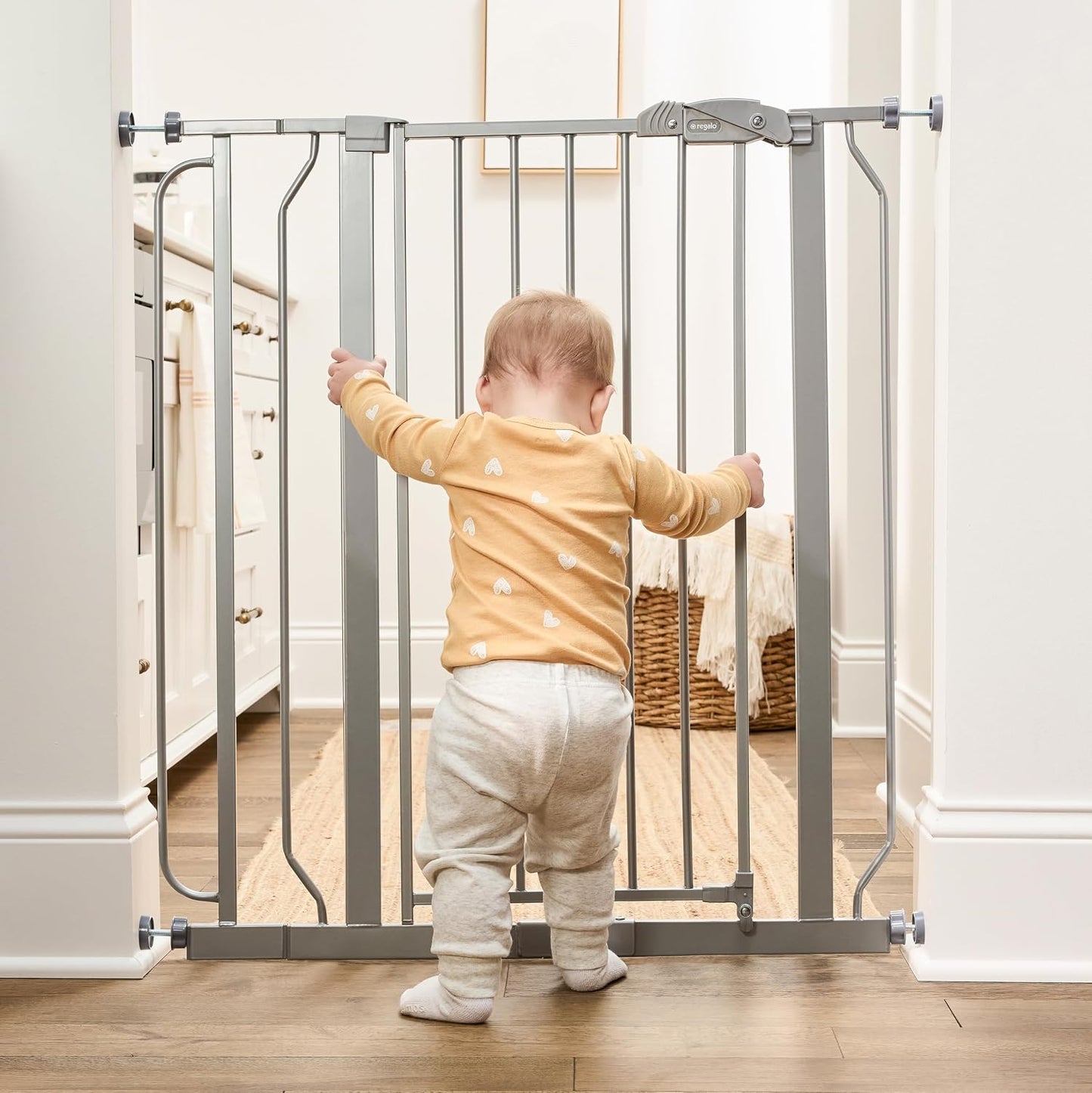 Regalo Safety 29-38.5" Baby Gate for Doorways & Bottom of Stairs, Pressure Mounted Baby Gate with Door for Babies, Toddlers & Pets, Tested & Safe for 30 Years, American Designed, American Owned, White