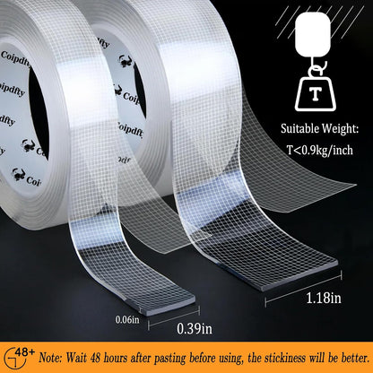 Double Sided Tape Heavy Duty for Wall Decor No Damage to Paint,Clear Removable Mounting Tape,Nano Two Sided Adhesive Tape,Picture Hanging Strips for Posters,Stickers - 3Rolls,Total(1.18in*20FT)
