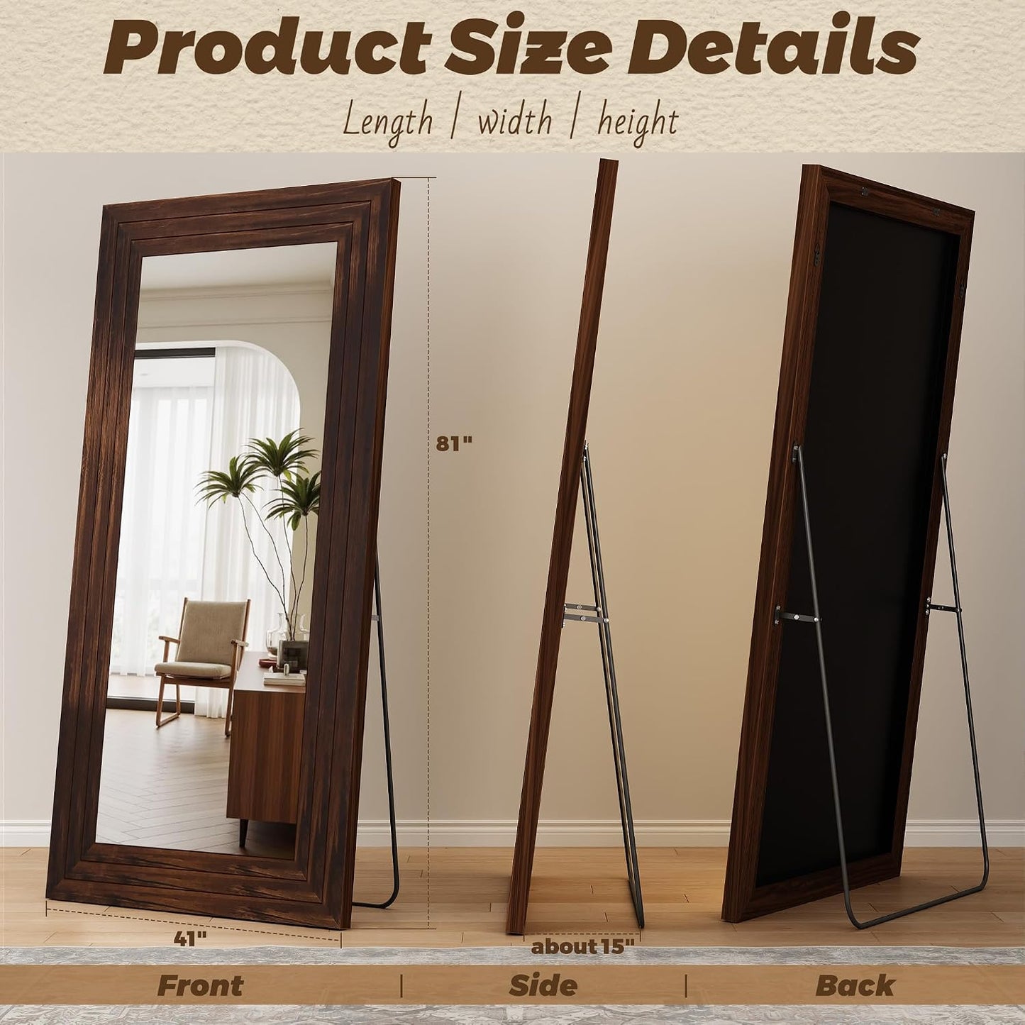 Antok Full Length Mirror with Solid Wood Frame, 71"×32" Wall Mounted Oversized Floor Mirror with Stand, Leaning Standing Hanging for Bedroom Living Room Entryway, Walnut, Arched Syle