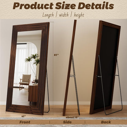Antok Full Length Mirror with Solid Wood Frame, 71"×32" Wall Mounted Oversized Floor Mirror with Stand, Leaning Standing Hanging for Bedroom Living Room Entryway, Walnut, Arched Syle