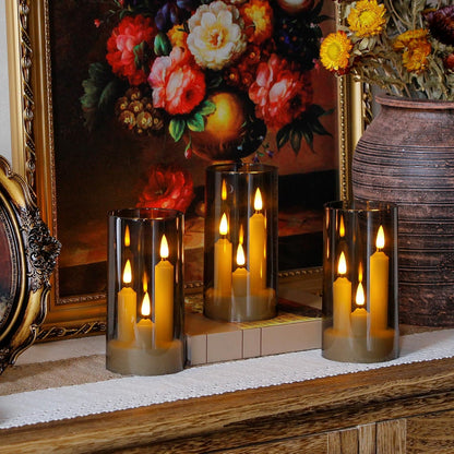 3 in 1 Flameless Taper Short Candles with 10 Key Remote Control and Timer, Battery Operated Pack of 2 LED Acrylic 3" x6" Grey Pillar Flickering Warm Light
