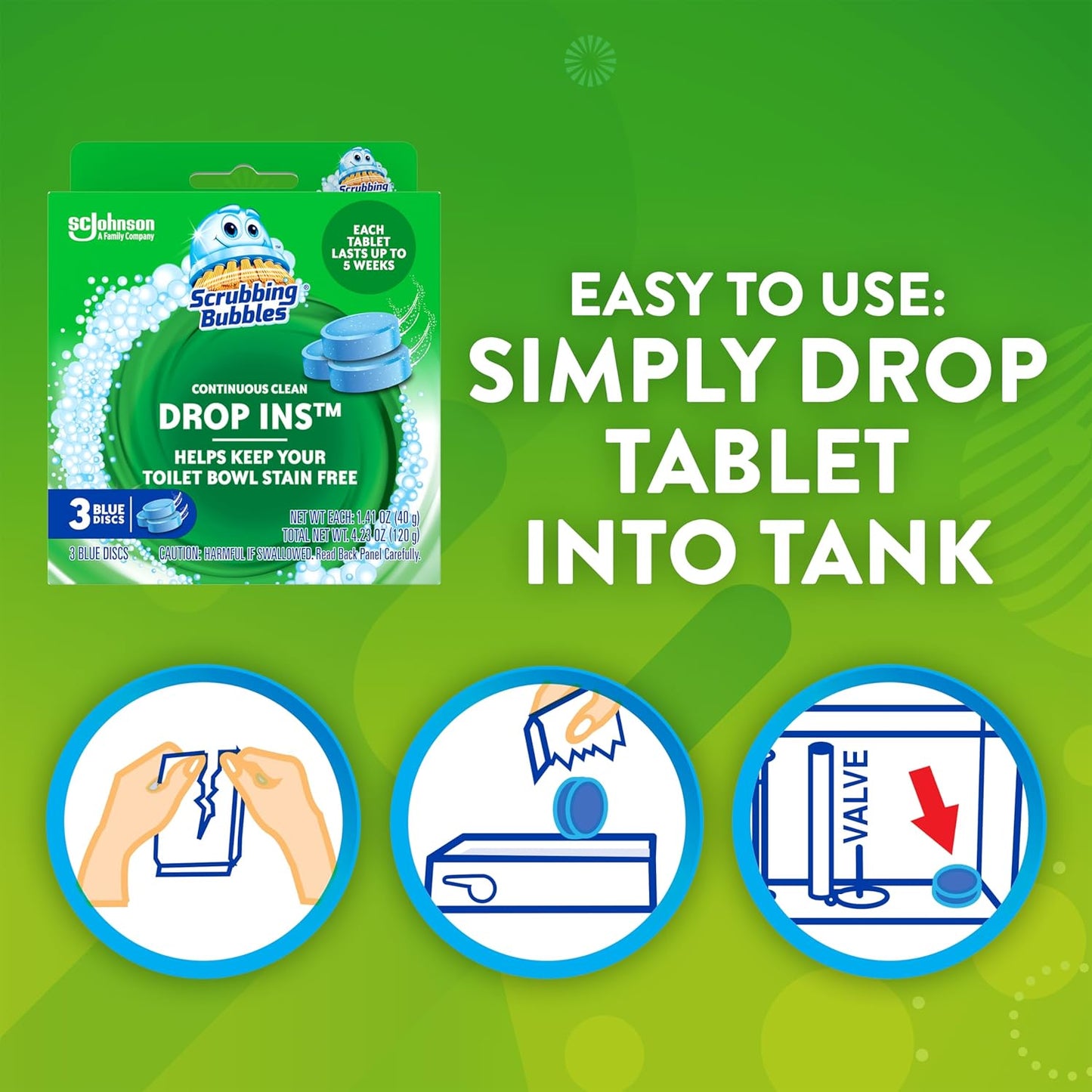 Scrubbing Bubbles Continuous Clean Toilet Drop-Ins, Automatic Blue Toilet Bowl Cleaner, Septic-Safe Tank Tablets Remove Hard Water Minerals & Limescale, Stain & Smell Protection, 3 Count (Pack of 1)