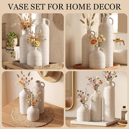 Firehold Ceramic Vase Set of 3, Rustic Farmhouse Boho Vases, Textured Country Home Decor, Small Decorative Vases for Shelves Mantel Table, Gift Set for Dried Pampas Grass & Fresh Flowers (White)