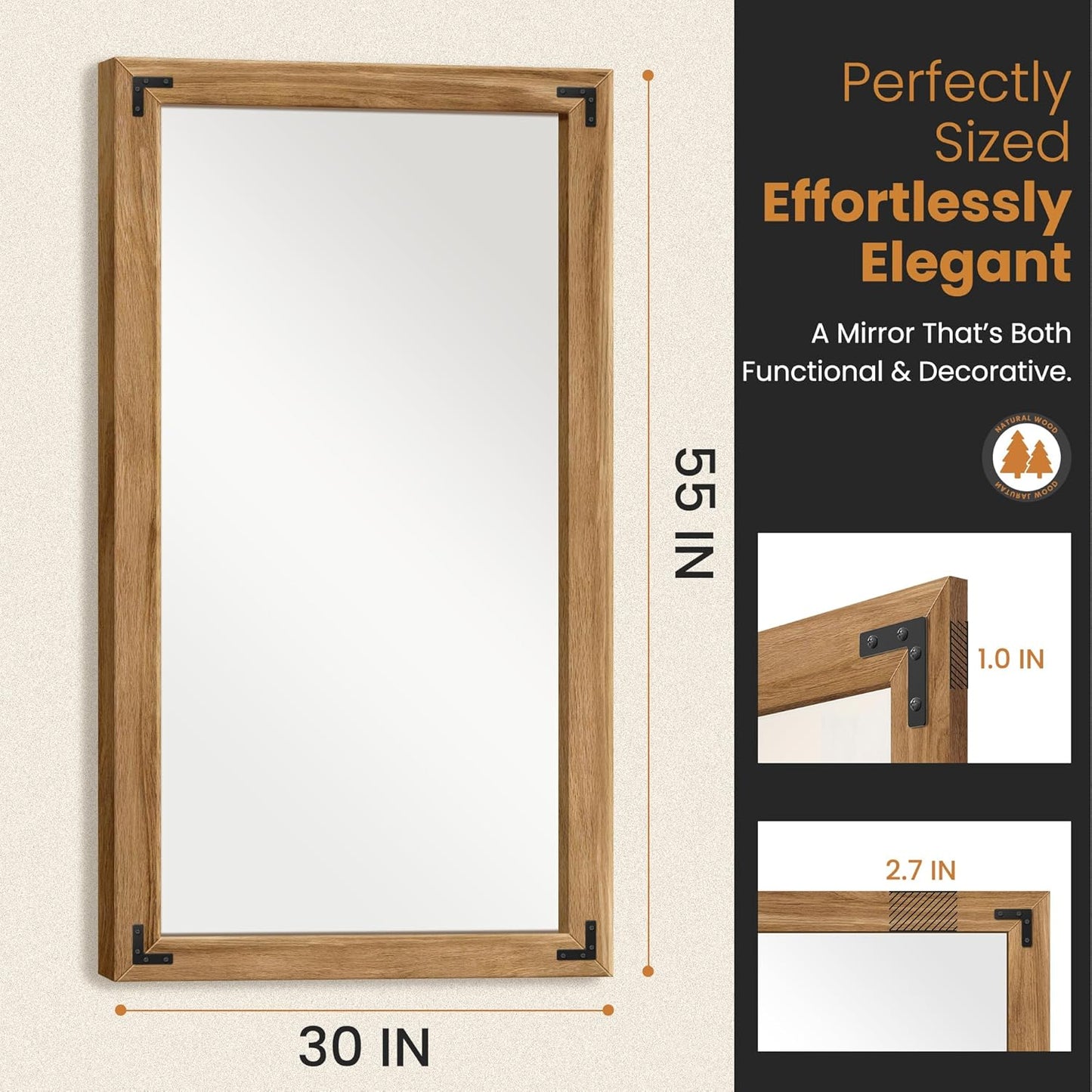 TRAHOME Full Length Mirror with Wooden Frame, 56"X22" Solid Wood Standing Floor Mirror for Farmhouse, Bathroom, Bedroom Decor, Hanging or Leaning Wall-Mounted
