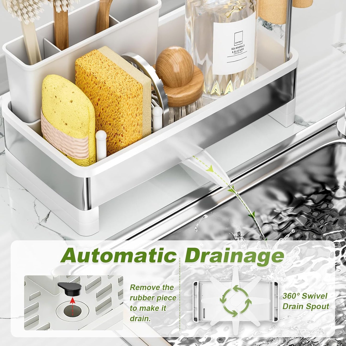 Ewaiira Stainless Steel Sink Caddy, Sponge Holder for Kitchen Sink with Brush Holder and Towel Rack, Sink Organizer for Countertop, Soap Dispenser Kitchen Organizers Storage Essentials (A-Black)