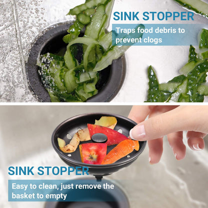 KONE 2PCS Kitchen Sink Basket Strainer Replacement for 3-1/2 Inch Standard Drains Brushed Stainless Steel Body Metal Center Knob with Rubber Stopper
