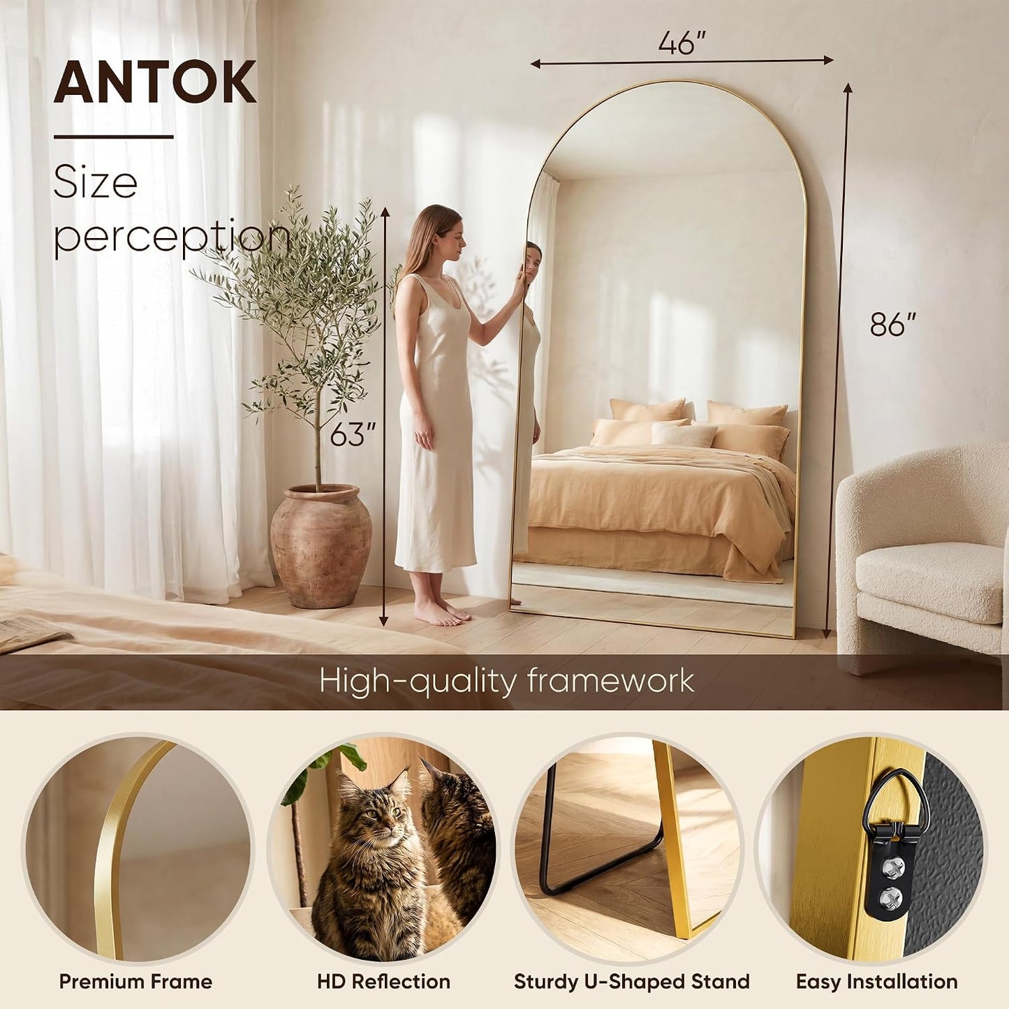 Antok 58" x19” Arched Full Length Floor Mirror, Gold Aluminum Frame, Free Standing/Wall Mount/Leaning for Bedroom, Living Room, Dressing Room
