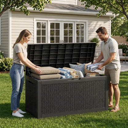 ROJIK 120 Gallon Waterproof Outdoor Deck Storage Box, Lockable Resin Patio Storage Bin with Lid for Garden Tools, Patio Cushions & Outdoor Accessories(Black)