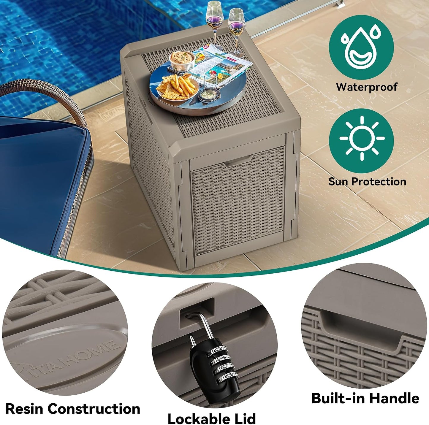YITAHOME 100 Gallon Large Outdoor Deck Box | Waterproof Resin Storage Box, Lockable Indoor Outdoor Storage Container for Patio Furniture Cushions, Pool Accessories