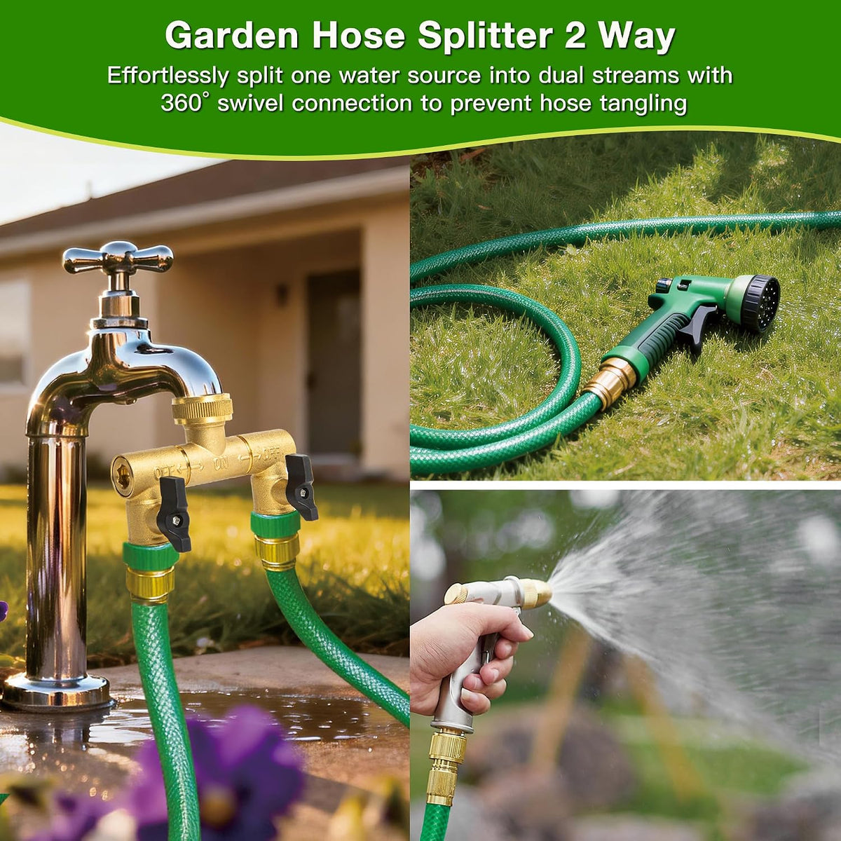 360° Swivel Garden Hose Splitter 2 Way, Solid Brass Water Hose Splitter with Dual Shutoff Valves, 3/4" GHT Thread Leak-Proof Hose Connector for Outdoor Faucet Lawn, Irrigation & Washing