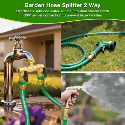 360° Swivel Garden Hose Splitter 2 Way, Solid Brass Water Hose Splitter with Dual Shutoff Valves, 3/4" GHT Thread Leak-Proof Hose Connector for Outdoor Faucet Lawn, Irrigation & Washing