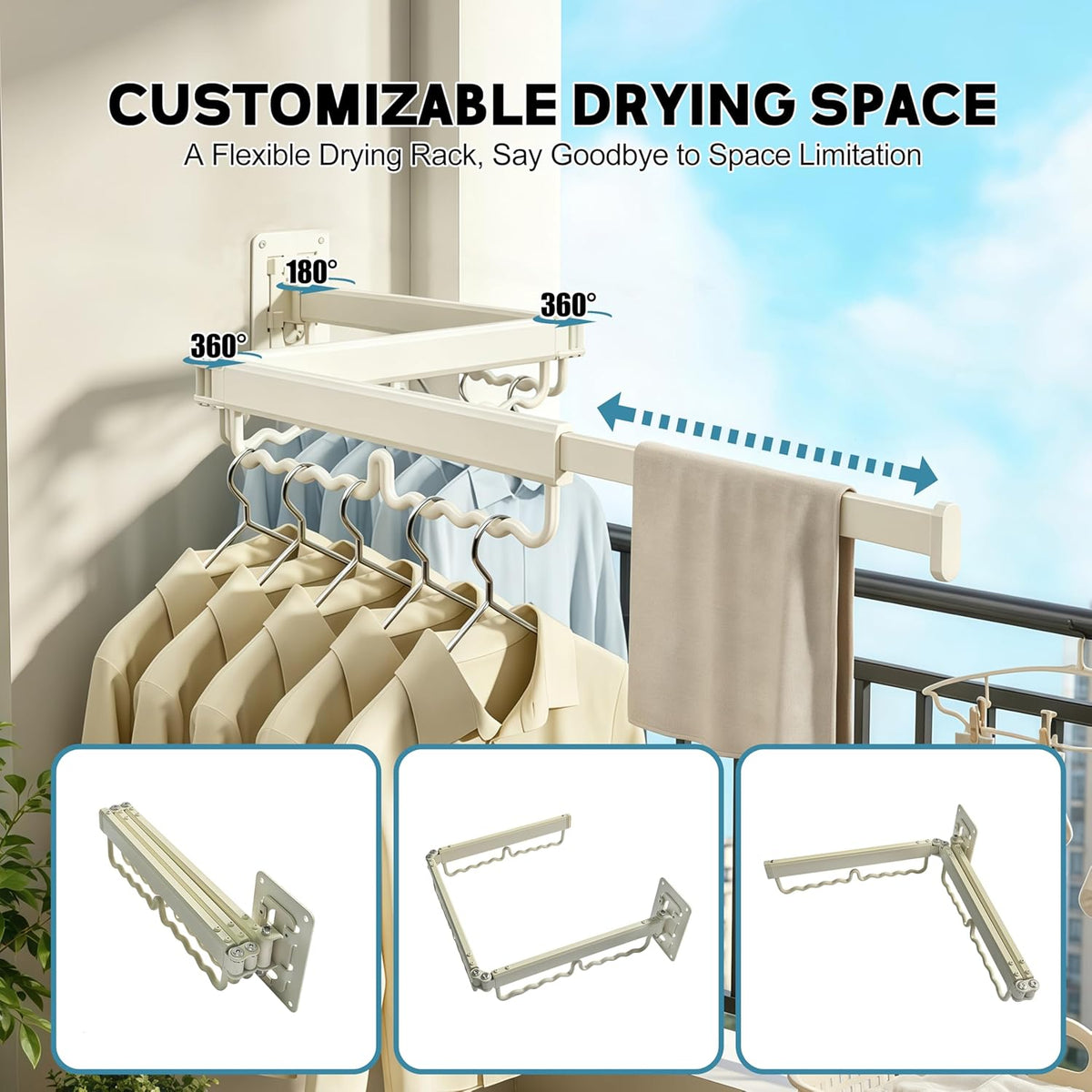 Wall Mounted Drying Rack, Foldable and Expandable, Milky White, with 30 Hooks, for Laundry Room, Balcony, Bathroom