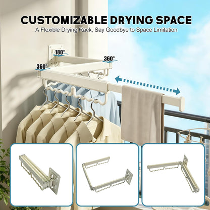 Wall Mounted Drying Rack, Foldable and Expandable, Milky White, with 30 Hooks, for Laundry Room, Balcony, Bathroom