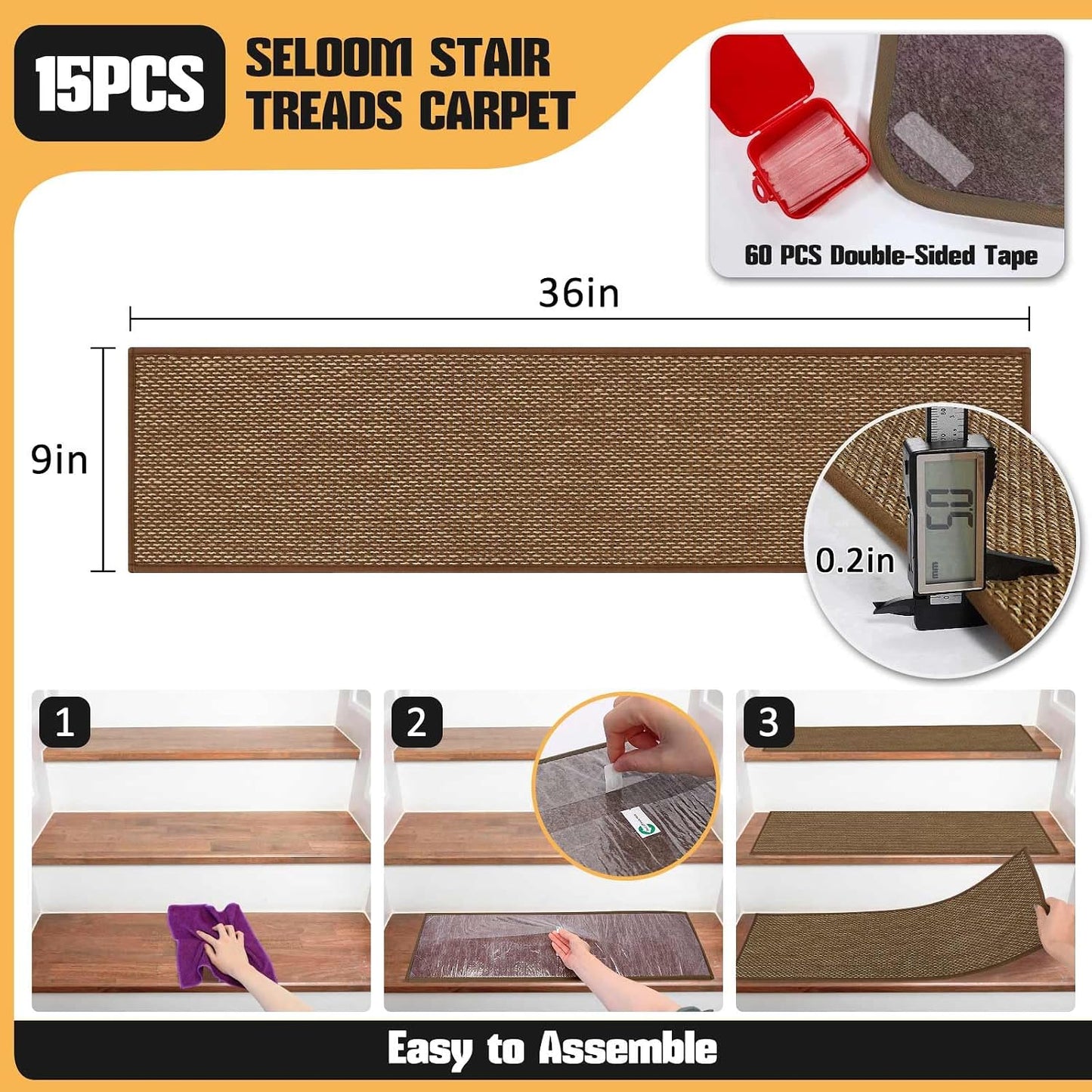 9" x36" Stair Treads Non Slip for Wooden Steps Indoor, 15 Pack, Beige | Reusable Peel and Stick Extra Wide Stair Treads Machine Washable