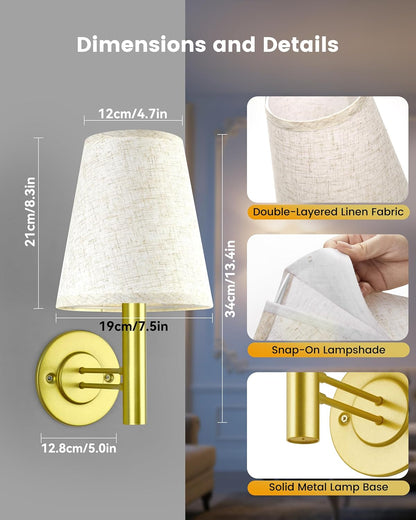TECOMLIGHT Battery Operated Wall Sconces Lights for Bedroom Set of 2, Wireless Rechargeable LED Wall Lamp with Remote & Touch Control, Wall Mount Lighting Fixture for Living Room, Satin Gold