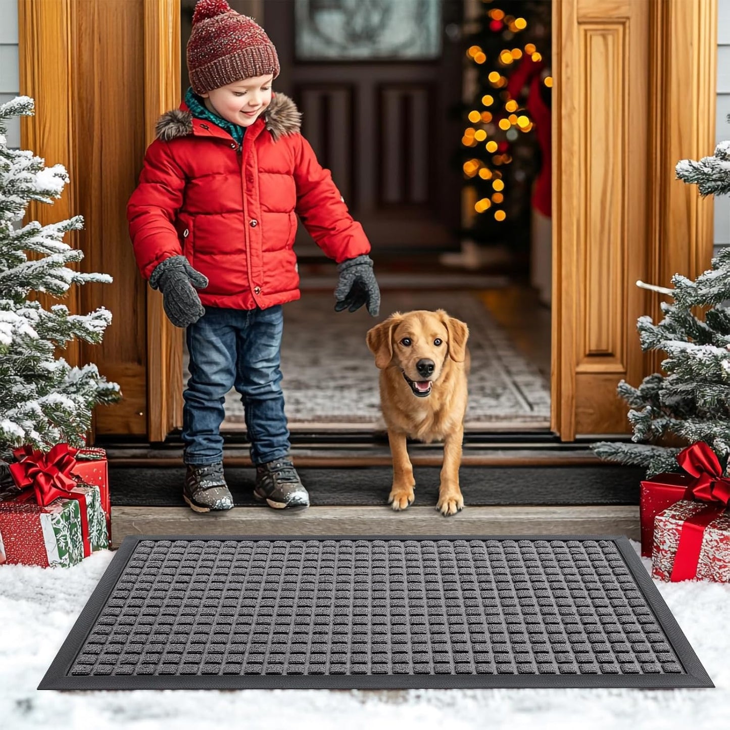 Smiry Front Door Mat Outside Entrance, Heavy Duty Natural Rubber Doormat, Non Slip, Trap Dirt and Moisture, Easy Clean, Low Profile Welcome Floor Mats for Indoor Outdoor Entry, 29.5x17 Inch, Black