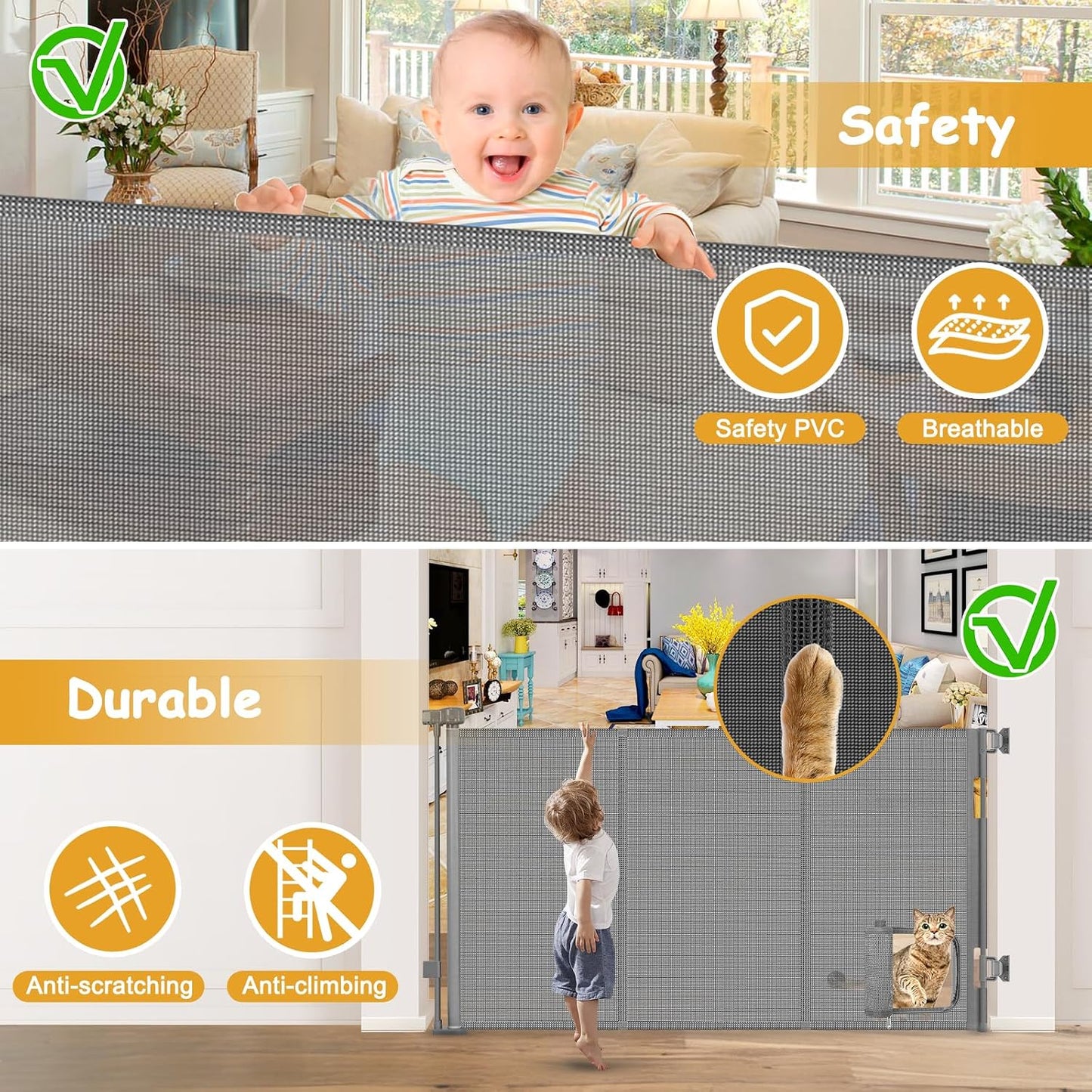 Reinforced 60” Wide Retractable Pet Gate with Cat Door Mesh Baby Gate for Stairs with Reinforced Strips Retractable Dog Gates with Cat Door Mesh Dog Gates for Doorways Separating Dogs from Cats, White