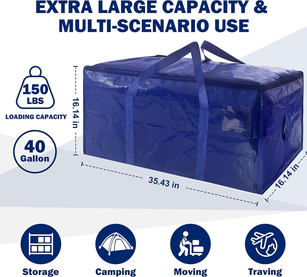 8 Pack Extra Heavy Duty Large Moving Bags with Strong Zipper & Carrying Handles, Sturdy Clothes Storage Bags Totes Bins, Packing Bag Move Boxes College Moving Supplies, Dark Blue - 24 gal