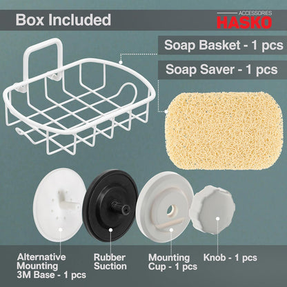 HASKO Suction Cup Soap Dish for Shower Wall, Rustproof Stainless Steel Shower Soap Holder for Bathroom with Hooks and Soap Saver, Includes Optional No Drill Adhesive Mount, Silver