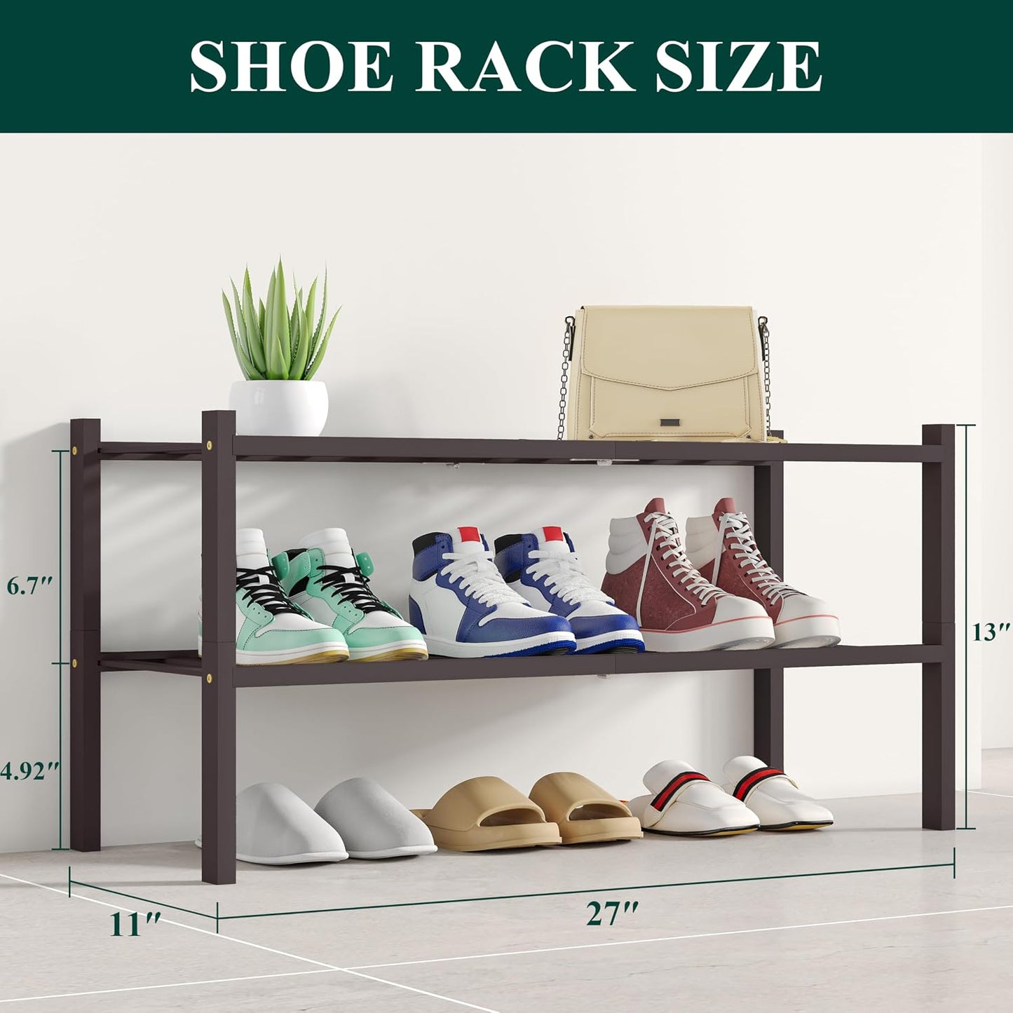 Smiry Bamboo Shoe Rack, 3 Tier Free Standing Wooden Shoe Organizer, Stackable Wood Shoe Storage Shelf for Closet, Entryway, 12 Vertical Slats, 2+1 Stack Standard Legs, 26.8"x11"x19.5", Natural