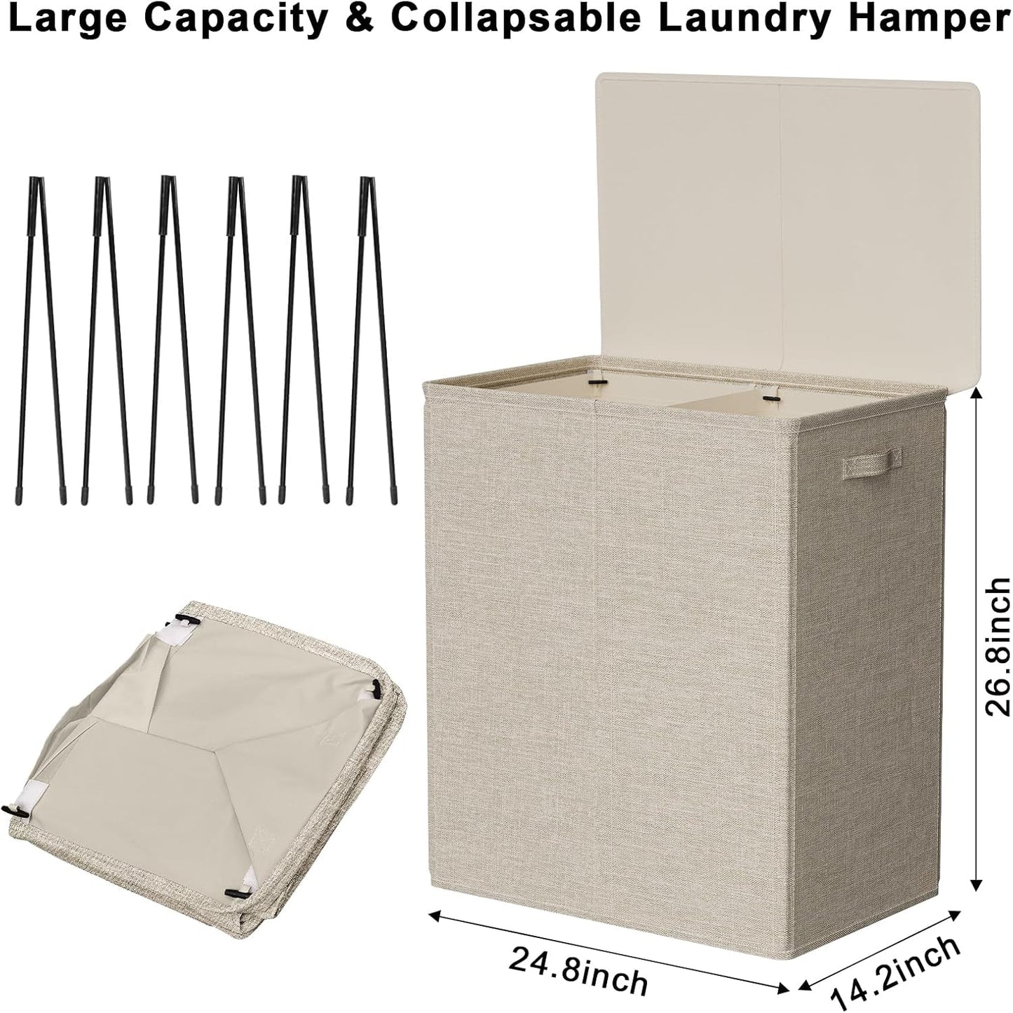 WOWLIVE 180L Laundry Hamper with Lid 3 Section,Large Laundry Basket with Removable Bags and Handles,Collapsible Dirty Clothes Hampers for Laundry,Laundry Basket Organizer for Laundry Room,Dorm,Beige