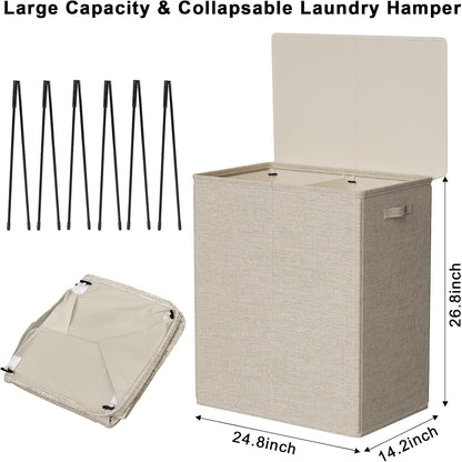 WOWLIVE 180L Laundry Hamper with Lid 3 Section,Large Laundry Basket with Removable Bags and Handles,Collapsible Dirty Clothes Hampers for Laundry,Laundry Basket Organizer for Laundry Room,Dorm,Beige