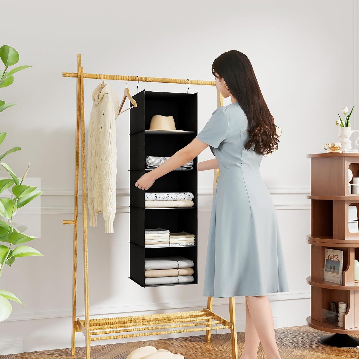 Hanging Closet Organizer 3-Shelf, Oxford Fabric Wardrobe Storage, Gray | Easy-mount foldable design holds clothes, handbags, shoes & accessories; washable Oxford fabric, sturdy and space-saving.