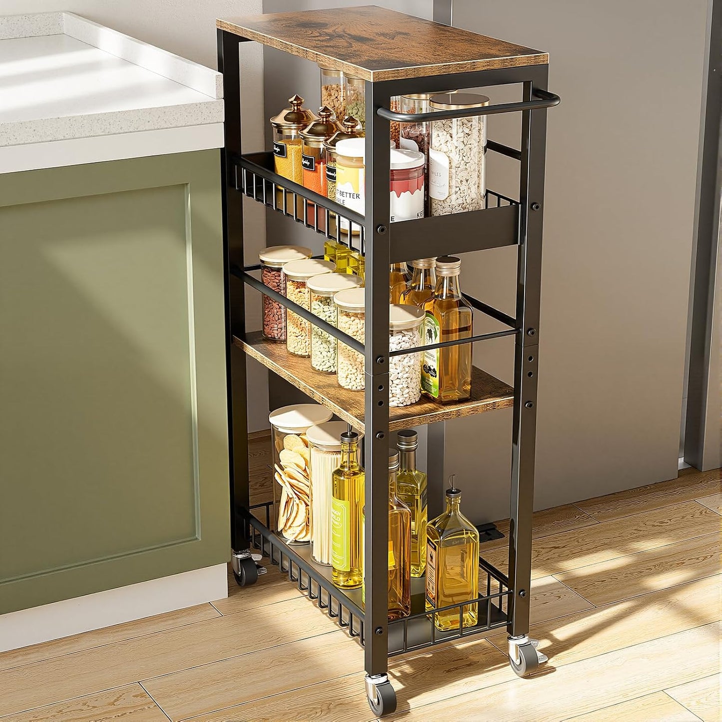Slim Storage Rolling Cart, 4 Tier Narrow Cart with Wheels, Metal Kitchen Rolling Cart for Small Spaces, Slide Out Storage Shelves for Kitchen, Laundry Room, Bathroom, Living Room, 7.1in(W)