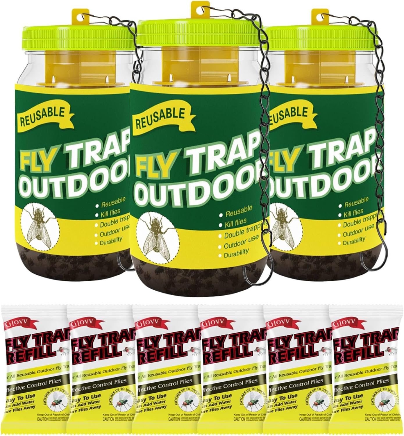 Reusable Fly Traps Outdoor Bottles, 3 Pack Fly Killer Catcher Jar with 6 Natural Magnet Bait Refills Lure, Flies Bug Insect Trap Control Outdoor Hanging for Outside Barns, Stable, Patio