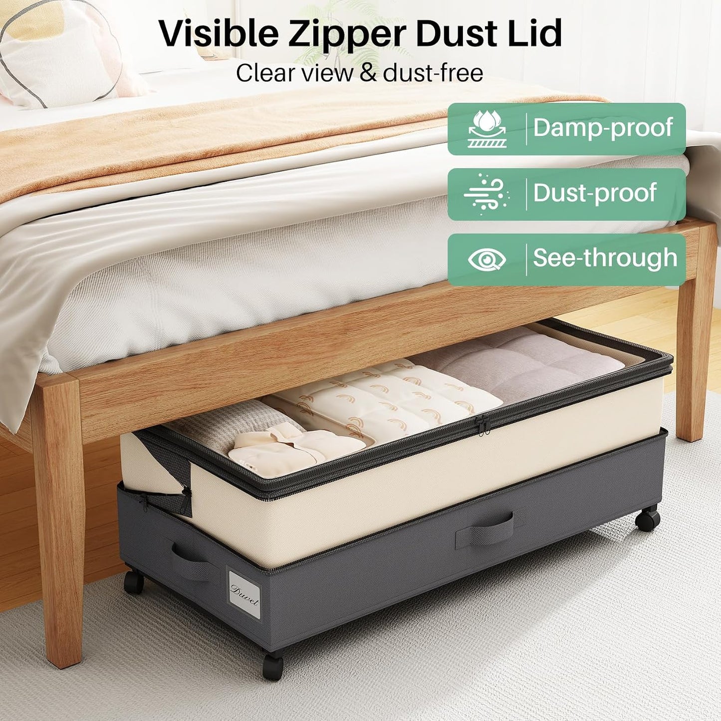 Kitstorack Under Bed Storage with Wheels 2Pack Height-adjustable Under Bed Storage Containers,Under Bed Shoe Storage Organizer with Clear Window&Label, Suitable for Clothes Storage, Gray