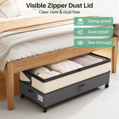 Kitstorack Under Bed Storage with Wheels 2Pack Height-adjustable Under Bed Storage Containers,Under Bed Shoe Storage Organizer with Clear Window&Label, Suitable for Clothes Storage, Gray