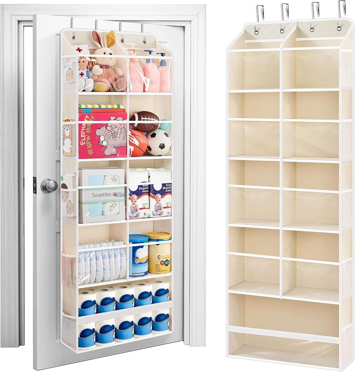 JARLINK 2 Pack Over the Door Organizer Storage, 5 Shelf Hanging Door Organizer with 5 Large Capacity Pockets, Anti Tilt 44 lb Load Behind Door Storage for Bedroom, Bathroom, Pantry, Nursery, (Grey)