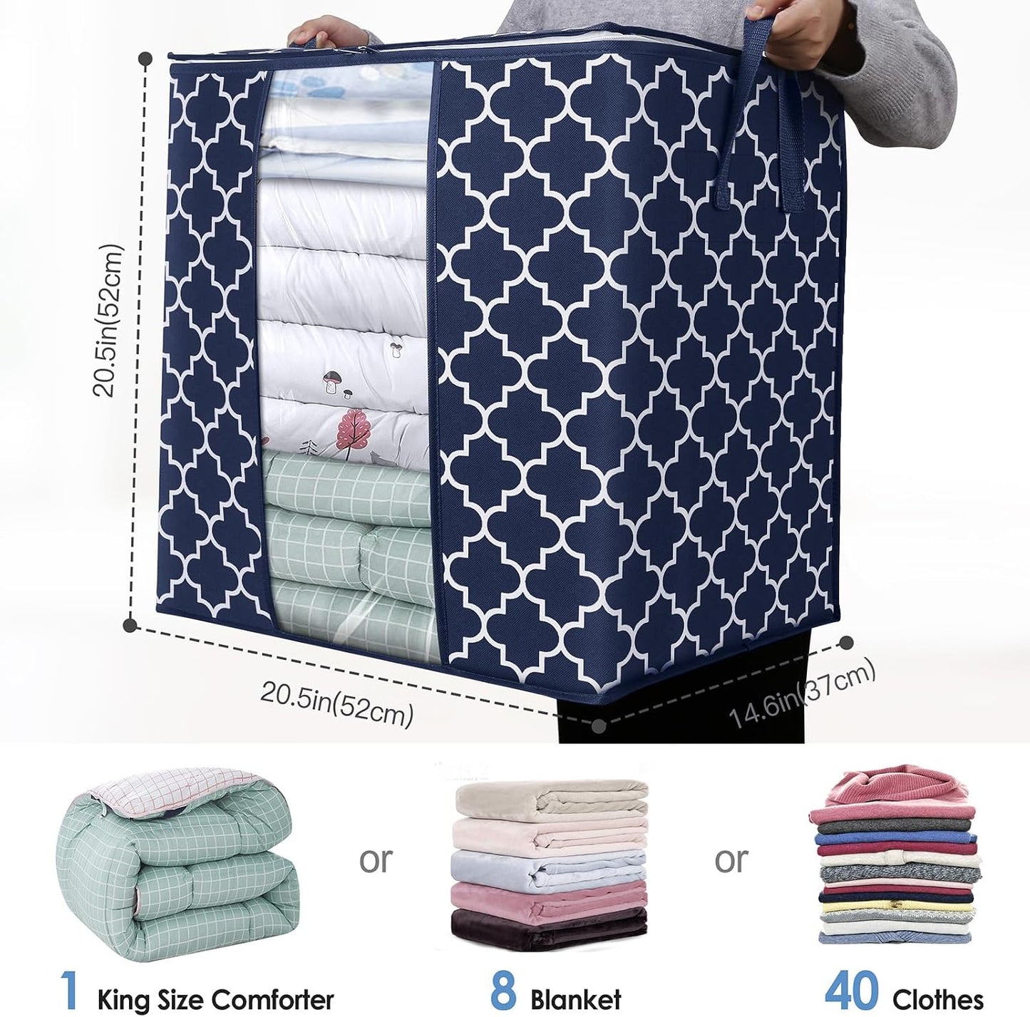 WISELIFE Storage Bags 3 Pack/100L Large Blanket Clothes Organization and Storage Containers for Comforters,Bedding, Foldable Organizer with Reinforced Handle, Clear Window, Sturdy Zippers,Gray