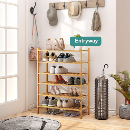 viewcare 3-Tier Black Bamboo Shoe Rack for Entryway, Stackable | Foldable | Natural, Shoe Shelf Storage Organizer for Hallway Closet, Free Standing Shoe Racks for Indoor Outdoor