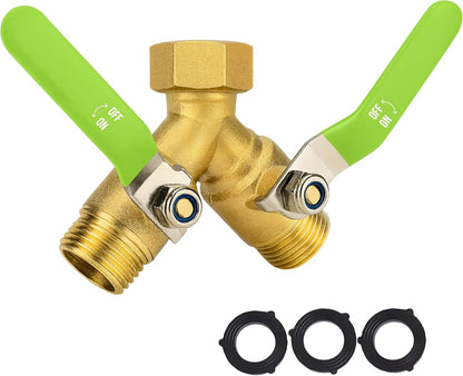 2 Way Hose Splitter Heavy Duty - Metal Y Garden Hose Splitter with Shutoff Valves, Brass Outdoor Faucet Adapter for Spigot, 3/4 Inch GHT Water Hose Connector - Green
