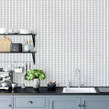 Erfoni Black and White Peel and Stick Wallpaper Modern Herringbone Contact Paper Bathroom 17.7inch x 118.1inch Geometric Removable Wallpaper Peel and Stick Self Adhesive Contact Paper for Accent Wall