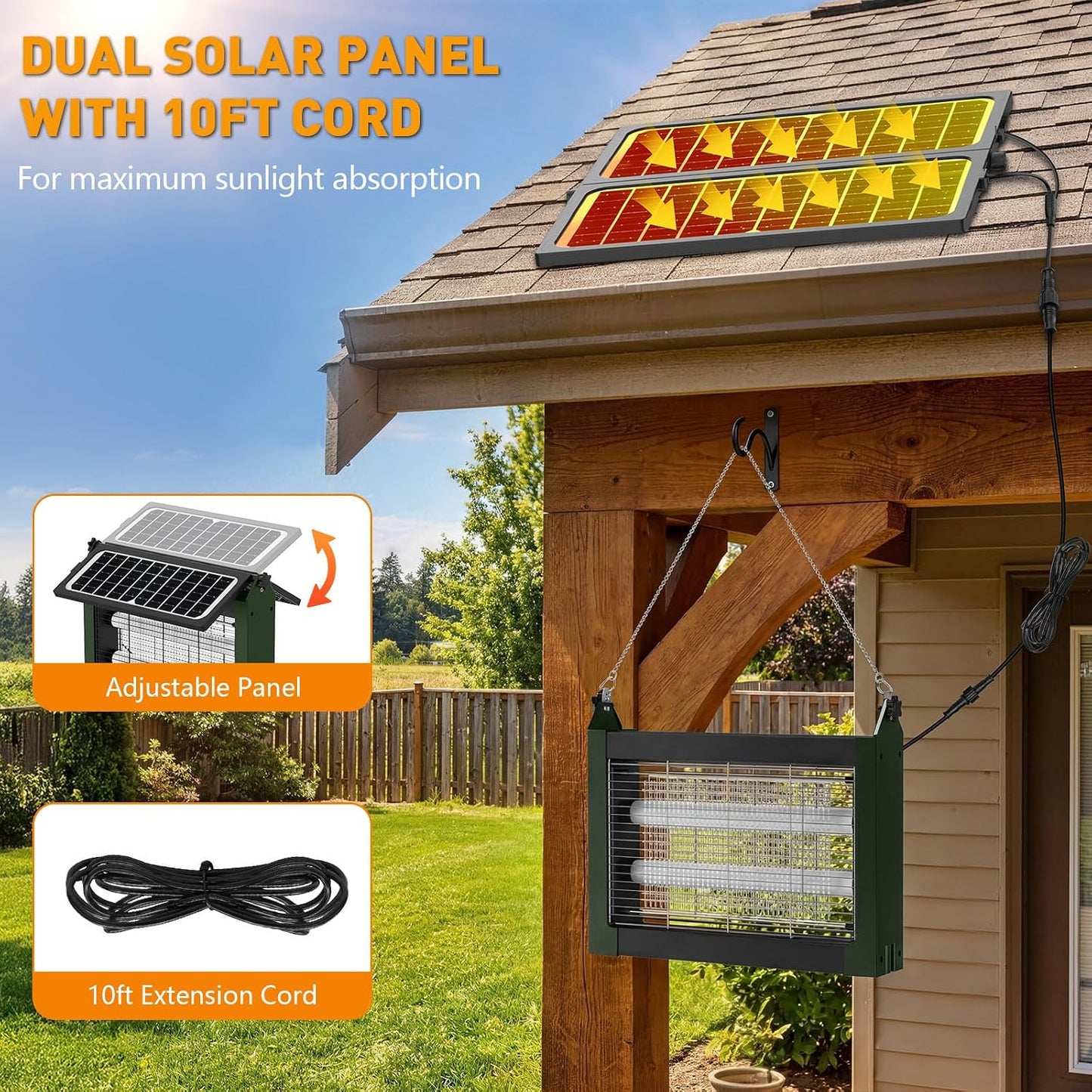 Solar Bug Zapper Outdoor, 4500V Solar Mosquito Zapper with Dual Solar Panels, 1/2 Acre Coverage Cordless Rechargeable Electric Fly Zapper, IPX5 Waterproof Mosquito Traps for Backyard, Patio, Camping