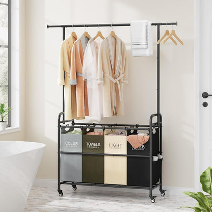 Tajsoon Laundry Hamper with Hanging Rack, 3 Section Laundry Sorter with Heavy Duty Lockable Wheels, Laundry Basket Organizer for Dirty Clothes Storage, 3 Beige