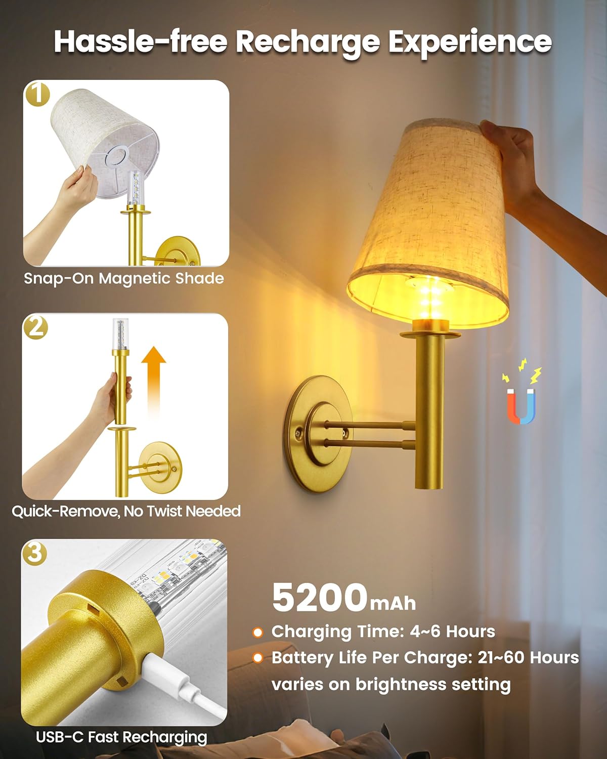 TECOMLIGHT Battery Operated Wall Sconces Lights for Bedroom Set of 2, Wireless Rechargeable LED Wall Lamp with Remote & Touch Control, Wall Mount Lighting Fixture for Living Room, Satin Gold