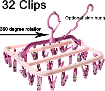 Foshine Clothes Drying Racks Foldable Clip Hangers Plastic with 32 Clips | Clip Hangers Wind-Proof Hook Underwear Hanger For Socks Bras Blue