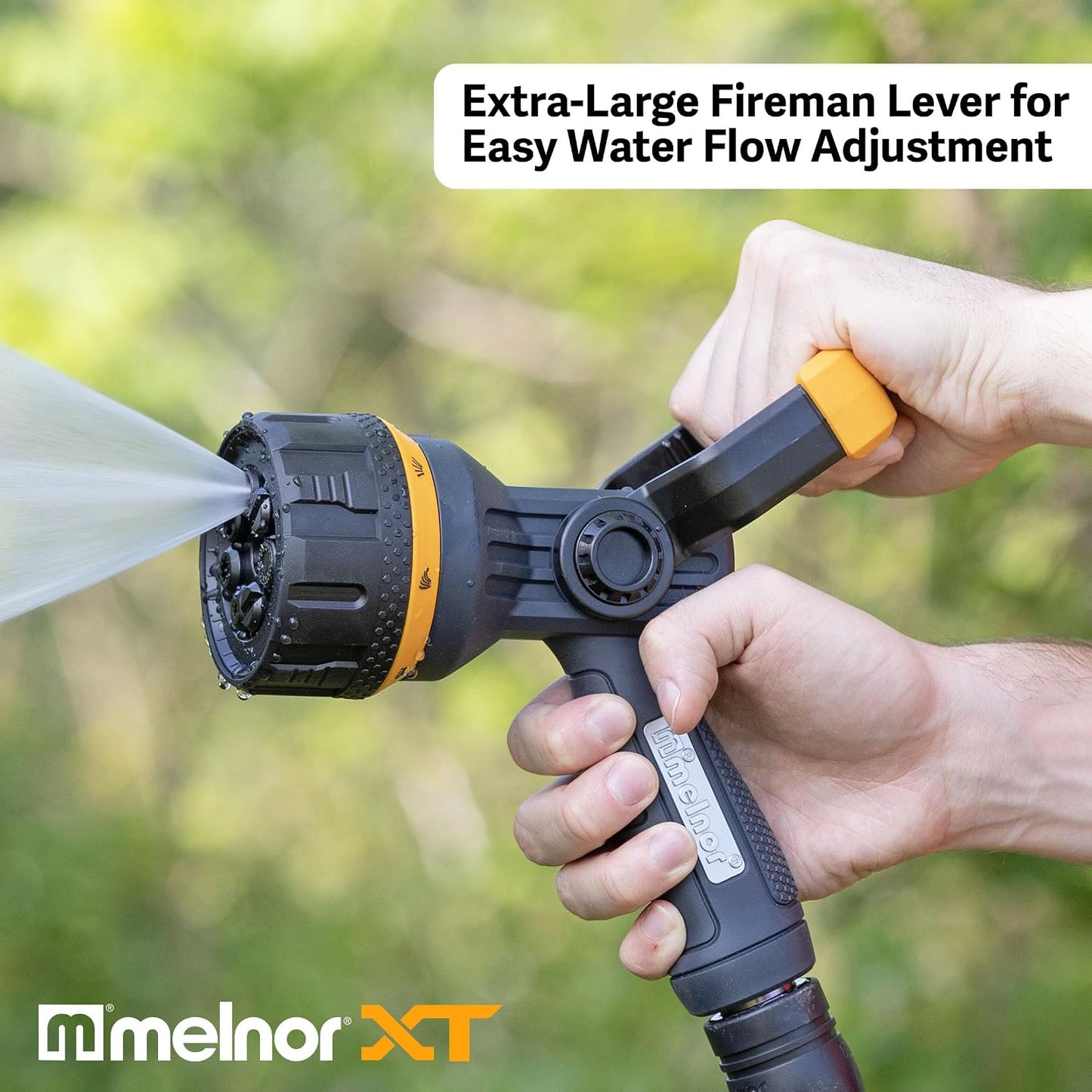 Melnor 65020-AMZ Metal Multi-Pattern Hose Nozzle with Rear Trigger Grip, 7 Spray Patterns, Heavy-Duty Metal Construction, Quick Connect Adapter, Black, Orange