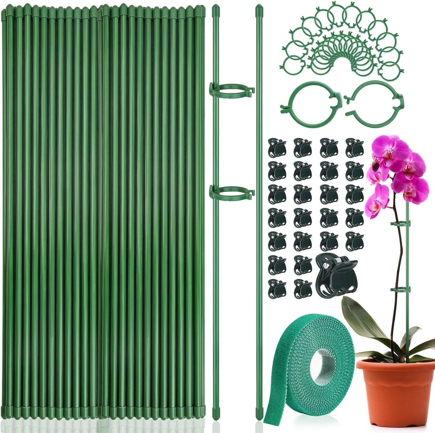 76pcs Plant Stakes for Indoor Plants, 25 Pack 16 inch Plant Support Stakes | Fiberglass Garden Plant Sticks Support with Rings Clips &Tie for Indoor and Outdoor Plants Flowers Tomatoes Orchid