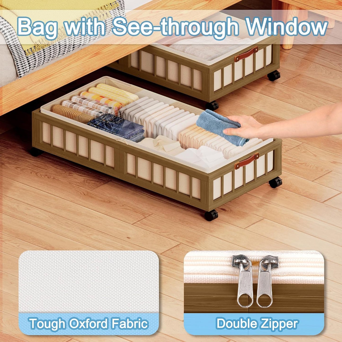 efluky 2-Pack Bamboo Under Bed Storage with Wheels, Rolling UnderBed Storage Basket with Large Dust Bag, Under Bed Storage Containers for Bedroom, Dorm and Basement, Nature
