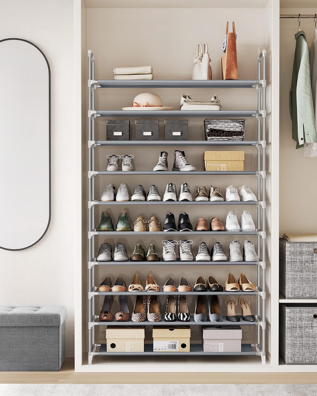 SONGMICS Shoe Rack, 10-Tier Shoe Shelf, Shoe Storage Organizer, 11 x 17.7 x 68 Inches, Metal Frame, Non-Woven Fabric Shelves, for Entryway, Bedroom, Black ULSH010B02