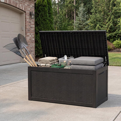 MAKINO 152 Gallon Resin Outdoor Storage Box, Waterproof Deck Box with Lockable Lid, Outside Storage Box for Patio Furniture, Pool Accessories, Garden Tools, Storage Bench for Backyard, Porch, Black
