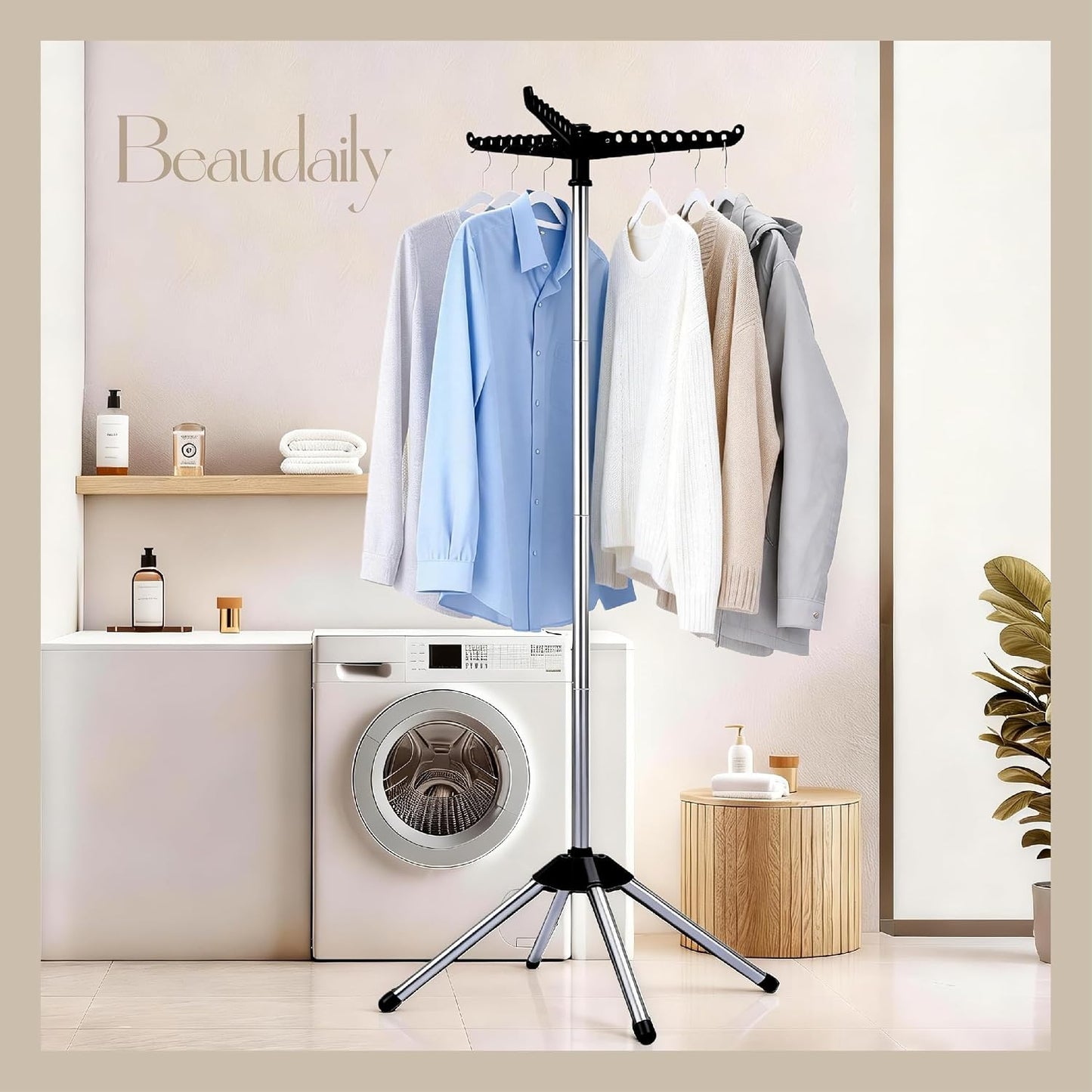 Beaudaily Clothes Drying Rack, Foldable 79.5-Inch Laundry Drying Rack,3 Tie, with Rotatable Arms, Stainless Steel, Holds 27 Clothes,8 Towels and 24 Clips for Hanging Socks, White and Silver