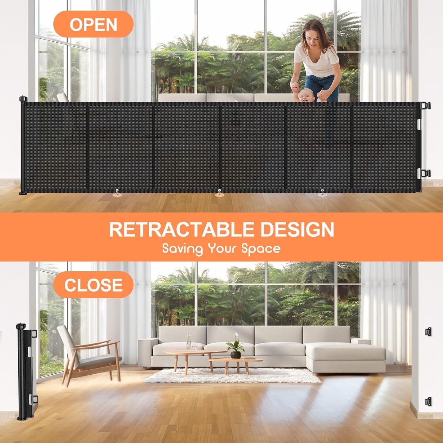 71 inch Retractable Baby Gates, EZIGO Extra Wide Baby Gate for Large Opening Extra Long Mesh Gate for Kids or Pet Dog Gate Child Safety Gate for Stairs Hallways Doorway Indoor Outdoor, Gray